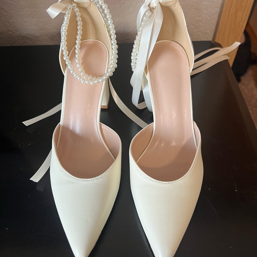 JJs House Ivory Heels with Pearl Ankle Strap NWT